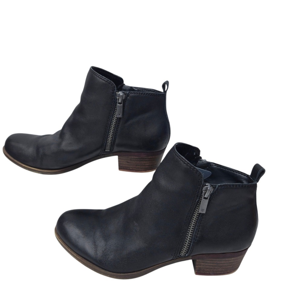 Lucky Brand Basel Ankle Booties Women 7.5 Black Leather Side Zip Block Heel